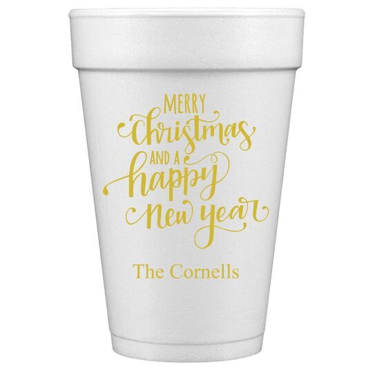 Hand Lettered Merry Christmas and Happy New Year Styrofoam Cups